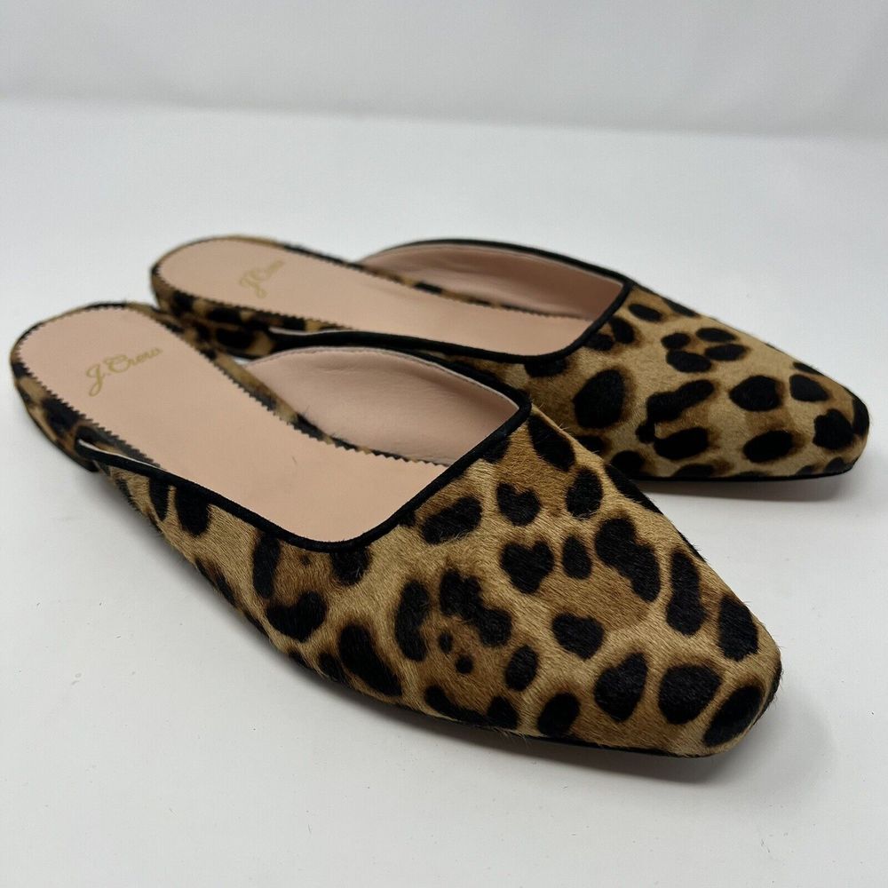 J Crew Carolyn Calf Hair Mule Flats Leather Lined Slip On Shoe Size 8 Leopard